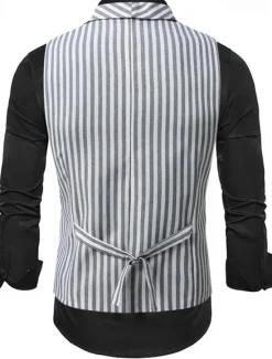 New OUKU Men's Vest Waistcoat Gilet Vacation Party Business Fashion Casual Summer Spring Buttons Pocket Polyester Comfortable Plaid Stripes Single Breasted One-button Lapel Regular Fit Black Brown Light Grey