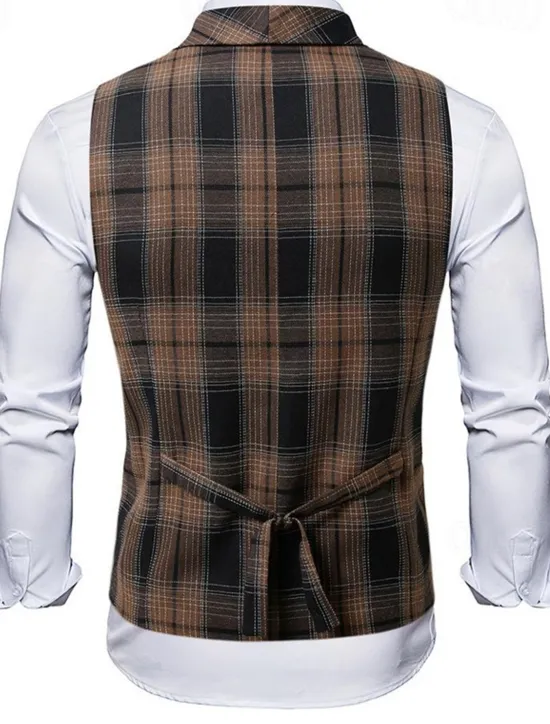 New OUKU Men's Vest Waistcoat Gilet Vacation Party Business Fashion Casual Summer Spring Buttons Pocket Polyester Comfortable Plaid Stripes Single Breasted One-button Lapel Regular Fit Black Brown Light Grey
