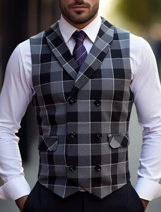 New OUKU Men's Vest Waistcoat Gilet Vacation Party Business Fashion Casual Summer Spring Buttons Pocket Polyester Comfortable Plaid Stripes Single Breasted One-button Lapel Regular Fit Black Brown Light Grey