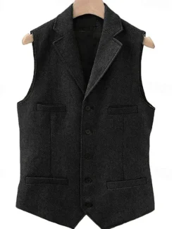 Outlet OUKU Men's Vest Waistcoat Gilet Vacation Daily Wedding Party Date Fashion Casual Spring Fall Buttons Pocket Polyester Comfortable Plain Single Breasted One-button Lapel Regular Fit Black Navy Blue Dark
