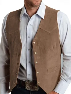 OUKU Men's Vest Waistcoat Gilet Vacation Daily Wedding Party Date Fashion Casual Spring Fall Buttons Pocket Nylon Comfortable Plain Single Breasted One-button V Neck Regular Fit Black Light Brown Coffee