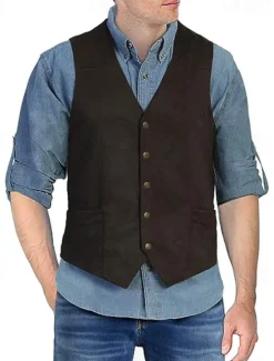 OUKU Men's Vest Waistcoat Gilet Vacation Daily Wedding Party Date Fashion Casual Spring Fall Buttons Pocket Nylon Comfortable Plain Single Breasted One-button V Neck Regular Fit Black Light Brown Coffee