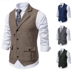 OUKU Men's Vest Waistcoat Gilet Formal Wedding Work Business Business Casual Spring Fall Pocket Polyester Warm Quick Dry Plaid / Check Double Breasted Turndown Regular Fit Blue Green Khaki Gray Vest