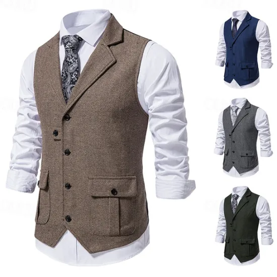 OUKU Men's Vest Waistcoat Gilet Formal Wedding Work Business Business Casual Spring Fall Pocket Polyester Warm Quick Dry Plaid / Check Double Breasted Turndown Regular Fit Blue Green Khaki Gray Vest