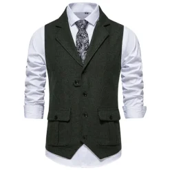OUKU Men's Vest Waistcoat Gilet Formal Wedding Work Business Business Casual Spring Fall Pocket Polyester Warm Quick Dry Plaid / Check Double Breasted Turndown Regular Fit Blue Green Khaki Gray Vest