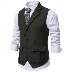OUKU Men's Vest Waistcoat Gilet Formal Wedding Work Business Business Casual Spring Fall Pocket Polyester Warm Quick Dry Plaid / Check Double Breasted Turndown Regular Fit Blue Green Khaki Gray Vest