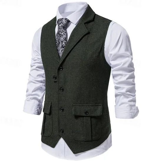 OUKU Men's Vest Waistcoat Gilet Formal Wedding Work Business Business Casual Spring Fall Pocket Polyester Warm Quick Dry Plaid / Check Double Breasted Turndown Regular Fit Blue Green Khaki Gray Vest