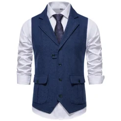 OUKU Men's Vest Waistcoat Gilet Formal Wedding Work Business Business Casual Spring Fall Pocket Polyester Warm Quick Dry Plaid / Check Double Breasted Turndown Regular Fit Blue Green Khaki Gray Vest