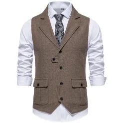 OUKU Men's Vest Waistcoat Gilet Formal Wedding Work Business Business Casual Spring Fall Pocket Polyester Warm Quick Dry Plaid / Check Double Breasted Turndown Regular Fit Blue Green Khaki Gray Vest
