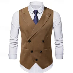 Clearance OUKU Men's Vest Waistcoat Gilet Vacation Party Business Fashion Casual Summer Spring Buttons Pocket Polyester Comfortable Plain Double Breasted Lapel Regular Fit Black Beige Coffee Vest