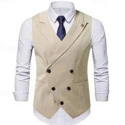 Clearance OUKU Men's Vest Waistcoat Gilet Vacation Party Business Fashion Casual Summer Spring Buttons Pocket Polyester Comfortable Plain Double Breasted Lapel Regular Fit Black Beige Coffee Vest