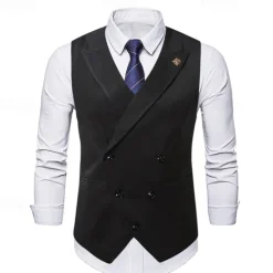Clearance OUKU Men's Vest Waistcoat Gilet Vacation Party Business Fashion Casual Summer Spring Buttons Pocket Polyester Comfortable Plain Double Breasted Lapel Regular Fit Black Beige Coffee Vest