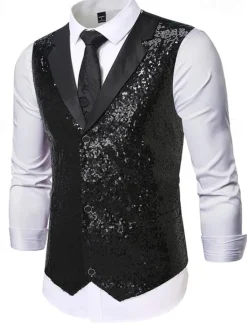 Best OUKU Men's Vest Waistcoat Gilet Vacation Party Business Party Spring & Fall Buttons Pocket Sequin Polyester Comfortable Plain Single Breasted Lapel Regular Fit Silver Black Gold Vest