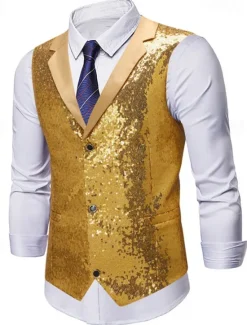Best OUKU Men's Vest Waistcoat Gilet Vacation Party Business Party Spring & Fall Buttons Pocket Sequin Polyester Comfortable Plain Single Breasted Lapel Regular Fit Silver Black Gold Vest
