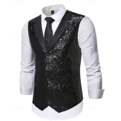 New OUKU Men's Vest Waistcoat Gilet Performance Vacation Stage Fashion Casual Summer Spring Sequins Buttons Pocket Polyester Comfortable Plain Single Breasted One-button Lapel Regular Fit Silver Black Vest