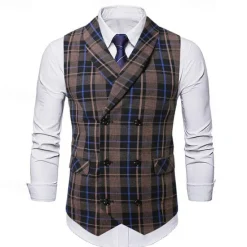Discount OUKU Men's Vest Waistcoat Gilet Vacation Party Business Fashion Casual Spring & Fall Buttons Pocket Polyester Comfortable Plaid Double Breasted Lapel Regular Fit Light Coffee Black Dark Gray Coffee Vest