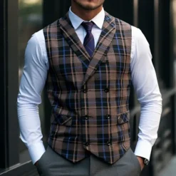 Discount OUKU Men's Vest Waistcoat Gilet Vacation Party Business Fashion Casual Spring & Fall Buttons Pocket Polyester Comfortable Plaid Double Breasted Lapel Regular Fit Light Coffee Black Dark Gray Coffee Vest