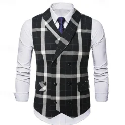Discount OUKU Men's Vest Waistcoat Gilet Vacation Party Business Fashion Casual Spring & Fall Buttons Pocket Polyester Comfortable Plaid Double Breasted Lapel Regular Fit Light Coffee Black Dark Gray Coffee Vest