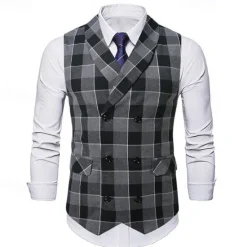 Discount OUKU Men's Vest Waistcoat Gilet Vacation Party Business Fashion Casual Spring & Fall Buttons Pocket Polyester Comfortable Plaid Double Breasted Lapel Regular Fit Light Coffee Black Dark Gray Coffee Vest