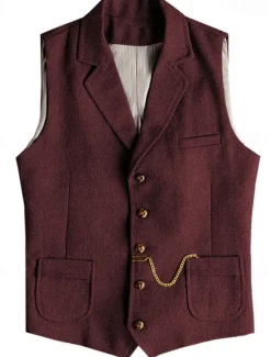 Best OUKU Men's Vest Waistcoat Gilet Vacation Daily Wedding Party Date Fashion Casual Spring Fall Buttons Pocket Polyester Comfortable Plain Single Breasted One-button Lapel Regular Fit Champagne Burgundy Navy