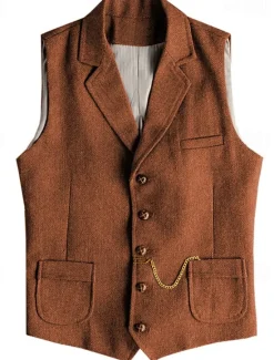 Best OUKU Men's Vest Waistcoat Gilet Vacation Daily Wedding Party Date Fashion Casual Spring Fall Buttons Pocket Polyester Comfortable Plain Single Breasted One-button Lapel Regular Fit Champagne Burgundy Navy
