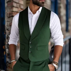 OUKU Men's Vest Waistcoat Gilet Vacation Party Business Fashion Casual Summer Spring Buttons Pocket Polyester Comfortable Plain Single Breasted Lapel Regular Fit Vest Dark Green