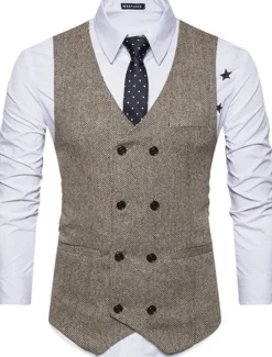 Best OUKU Men's Vest Waistcoat Wedding Business Formal Evening Office Spring Basic Polyester Comfortable Solid Colored Double Breasted V Neck Slim Black Khaki Gray Vest