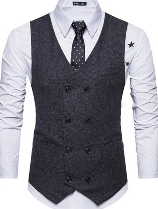 Best OUKU Men's Vest Waistcoat Wedding Business Formal Evening Office Spring Basic Polyester Comfortable Solid Colored Double Breasted V Neck Slim Black Khaki Gray Vest