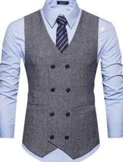 Best OUKU Men's Vest Waistcoat Wedding Business Formal Evening Office Spring Basic Polyester Comfortable Solid Colored Double Breasted V Neck Slim Black Khaki Gray Vest