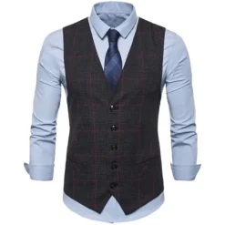 New OUKU Men's Vest Waistcoat Wedding Work Business Daily Business Casual Winter Pocket Polyester Windproof Quick Dry Plaid / Check Single Breasted V Neck Regular Fit Light Grey Dark Gray Coffee Vest