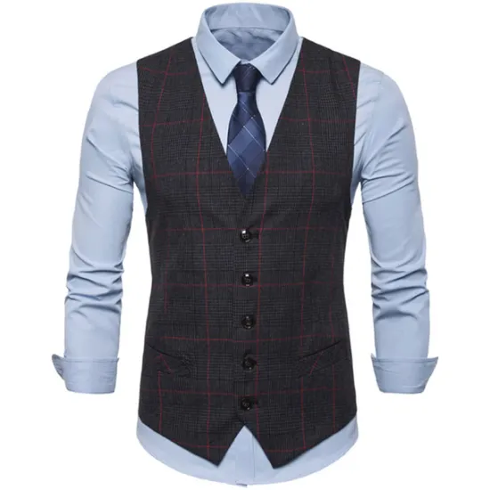 New OUKU Men's Vest Waistcoat Wedding Work Business Daily Business Casual Winter Pocket Polyester Windproof Quick Dry Plaid / Check Single Breasted V Neck Regular Fit Light Grey Dark Gray Coffee Vest