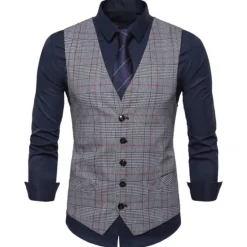 New OUKU Men's Vest Waistcoat Wedding Work Business Daily Business Casual Winter Pocket Polyester Windproof Quick Dry Plaid / Check Single Breasted V Neck Regular Fit Light Grey Dark Gray Coffee Vest