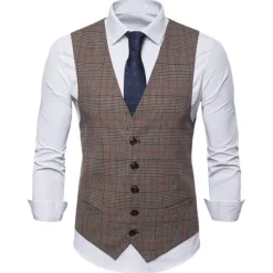 New OUKU Men's Vest Waistcoat Wedding Work Business Daily Business Casual Winter Pocket Polyester Windproof Quick Dry Plaid / Check Single Breasted V Neck Regular Fit Light Grey Dark Gray Coffee Vest