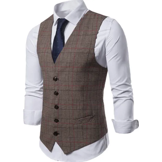 New OUKU Men's Vest Waistcoat Wedding Work Business Daily Business Casual Winter Pocket Polyester Windproof Quick Dry Plaid / Check Single Breasted V Neck Regular Fit Light Grey Dark Gray Coffee Vest
