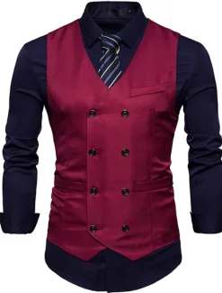 Outlet OUKU Men's Vest Waistcoat Wedding Work Street Business Elegant Business Fall Pocket Polyester Breathable Solid Color Double Breasted V Neck Regular Fit Black White Wine Navy Blue Vest