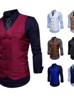 Outlet OUKU Men's Vest Waistcoat Wedding Work Street Business Elegant Business Fall Pocket Polyester Breathable Solid Color Double Breasted V Neck Regular Fit Black White Wine Navy Blue Vest