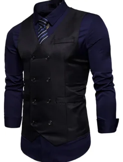 Outlet OUKU Men's Vest Waistcoat Wedding Work Street Business Elegant Business Fall Pocket Polyester Breathable Solid Color Double Breasted V Neck Regular Fit Black White Wine Navy Blue Vest