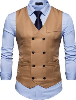 Outlet OUKU Men's Vest Waistcoat Wedding Work Street Business Elegant Business Fall Pocket Polyester Breathable Solid Color Double Breasted V Neck Regular Fit Black White Wine Navy Blue Vest