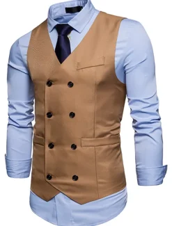 Outlet OUKU Men's Vest Waistcoat Wedding Work Street Business Elegant Business Fall Pocket Polyester Breathable Solid Color Double Breasted V Neck Regular Fit Black White Wine Navy Blue Vest