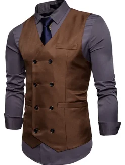 Outlet OUKU Men's Vest Waistcoat Wedding Work Street Business Elegant Business Fall Pocket Polyester Breathable Solid Color Double Breasted V Neck Regular Fit Black White Wine Navy Blue Vest