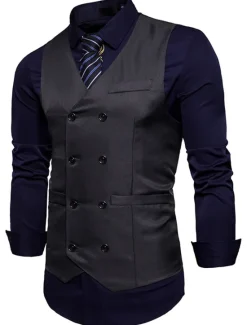 Outlet OUKU Men's Vest Waistcoat Wedding Work Street Business Elegant Business Fall Pocket Polyester Breathable Solid Color Double Breasted V Neck Regular Fit Black White Wine Navy Blue Vest