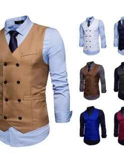 Outlet OUKU Men's Vest Waistcoat Wedding Work Street Business Elegant Business Fall Pocket Polyester Breathable Solid Color Double Breasted V Neck Regular Fit Black White Wine Navy Blue Vest