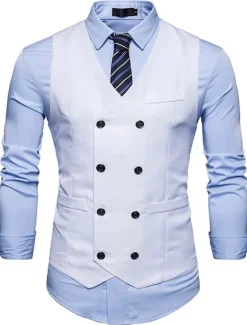 Outlet OUKU Men's Vest Waistcoat Wedding Work Street Business Elegant Business Fall Pocket Polyester Breathable Solid Color Double Breasted V Neck Regular Fit Black White Wine Navy Blue Vest