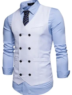 Outlet OUKU Men's Vest Waistcoat Wedding Work Street Business Elegant Business Fall Pocket Polyester Breathable Solid Color Double Breasted V Neck Regular Fit Black White Wine Navy Blue Vest