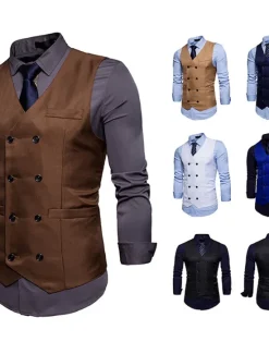 Outlet OUKU Men's Vest Waistcoat Wedding Work Street Business Elegant Business Fall Pocket Polyester Breathable Solid Color Double Breasted V Neck Regular Fit Black White Wine Navy Blue Vest
