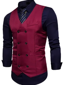 Outlet OUKU Men's Vest Waistcoat Wedding Work Street Business Elegant Business Fall Pocket Polyester Breathable Solid Color Double Breasted V Neck Regular Fit Black White Wine Navy Blue Vest