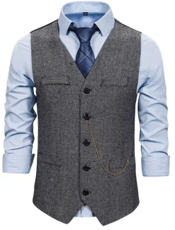 Sale OUKU Men's Vest Waistcoat Wedding Daily Sporty 1920s Fall Pocket Polyester Thermal Warm Solid Color Single Breasted V Neck Regular Fit Black Coffee Gray Vest