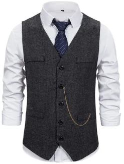 Sale OUKU Men's Vest Waistcoat Wedding Daily Sporty 1920s Fall Pocket Polyester Thermal Warm Solid Color Single Breasted V Neck Regular Fit Black Coffee Gray Vest