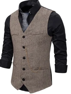Sale OUKU Men's Vest Waistcoat Wedding Daily Sporty 1920s Fall Pocket Polyester Thermal Warm Solid Color Single Breasted V Neck Regular Fit Black Coffee Gray Vest