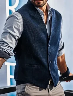 Hot OUKU Men's Vest Waistcoat Wedding Business Daily Business Casual Spring Fall Pocket Polyester Breathable Plain Single Breasted V Neck Regular Fit Vest Navy Blue